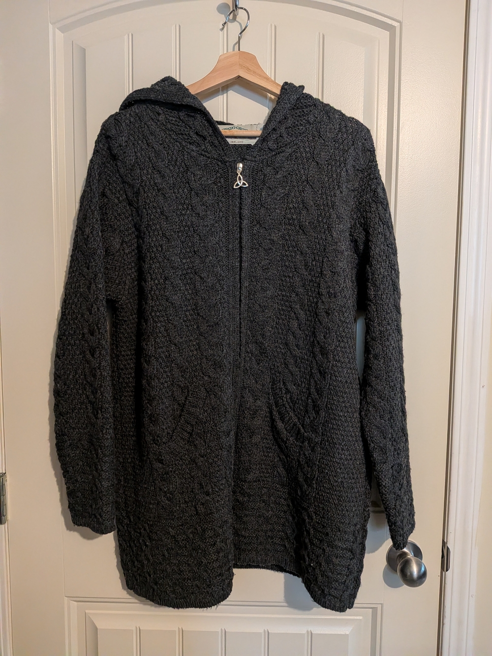 Aran Crafts 100% Merino Wool Charcoal Hooded Cable Knit Zipper Cardigan